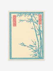 Japanese bamboo wall art print with a bird and red berries in teal and red, on a cream background, in a traditional style.