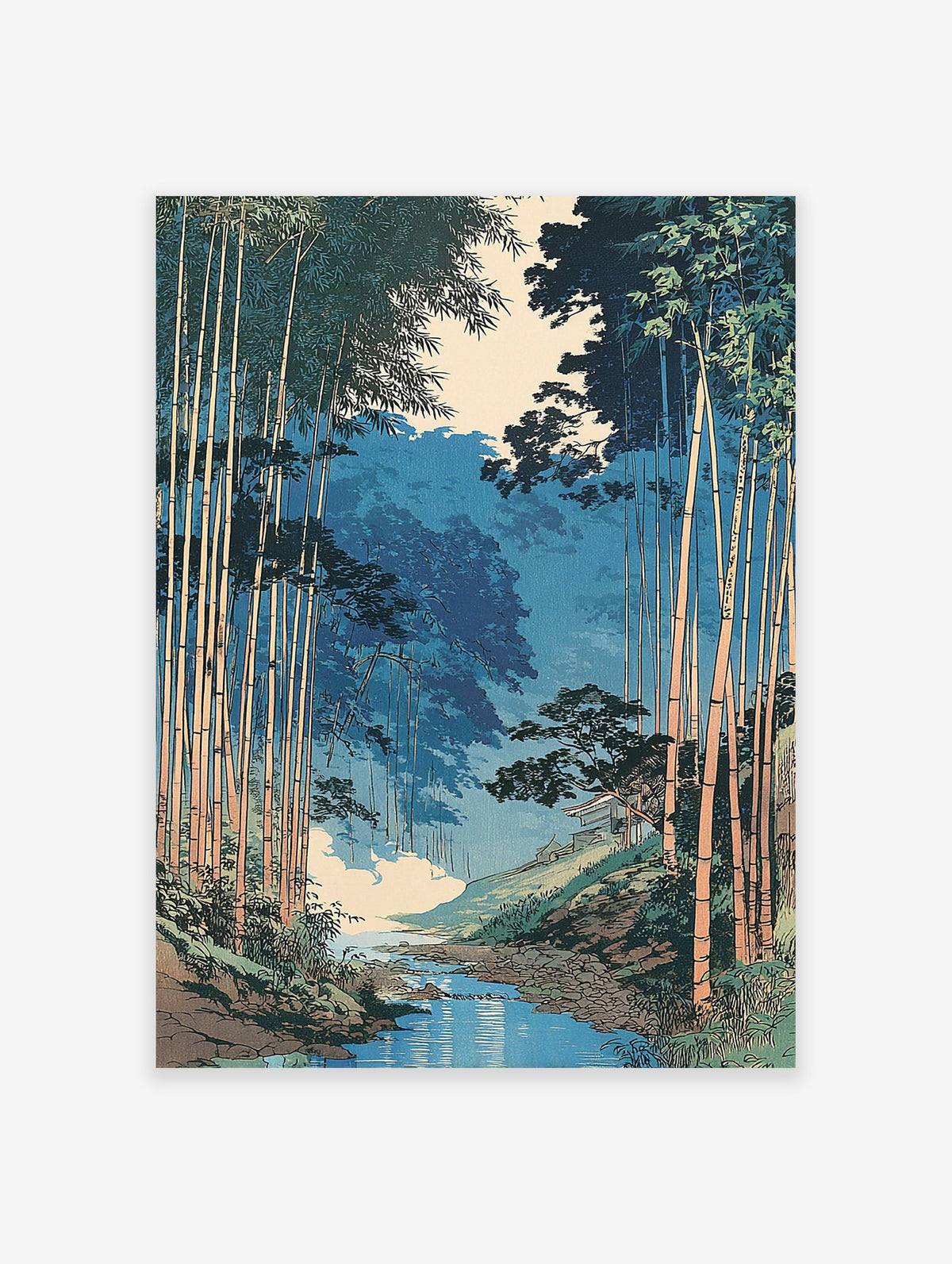 Japanese woodblock style art print of a serene bamboo forest with a river flowing through it, featuring blue and green tones.