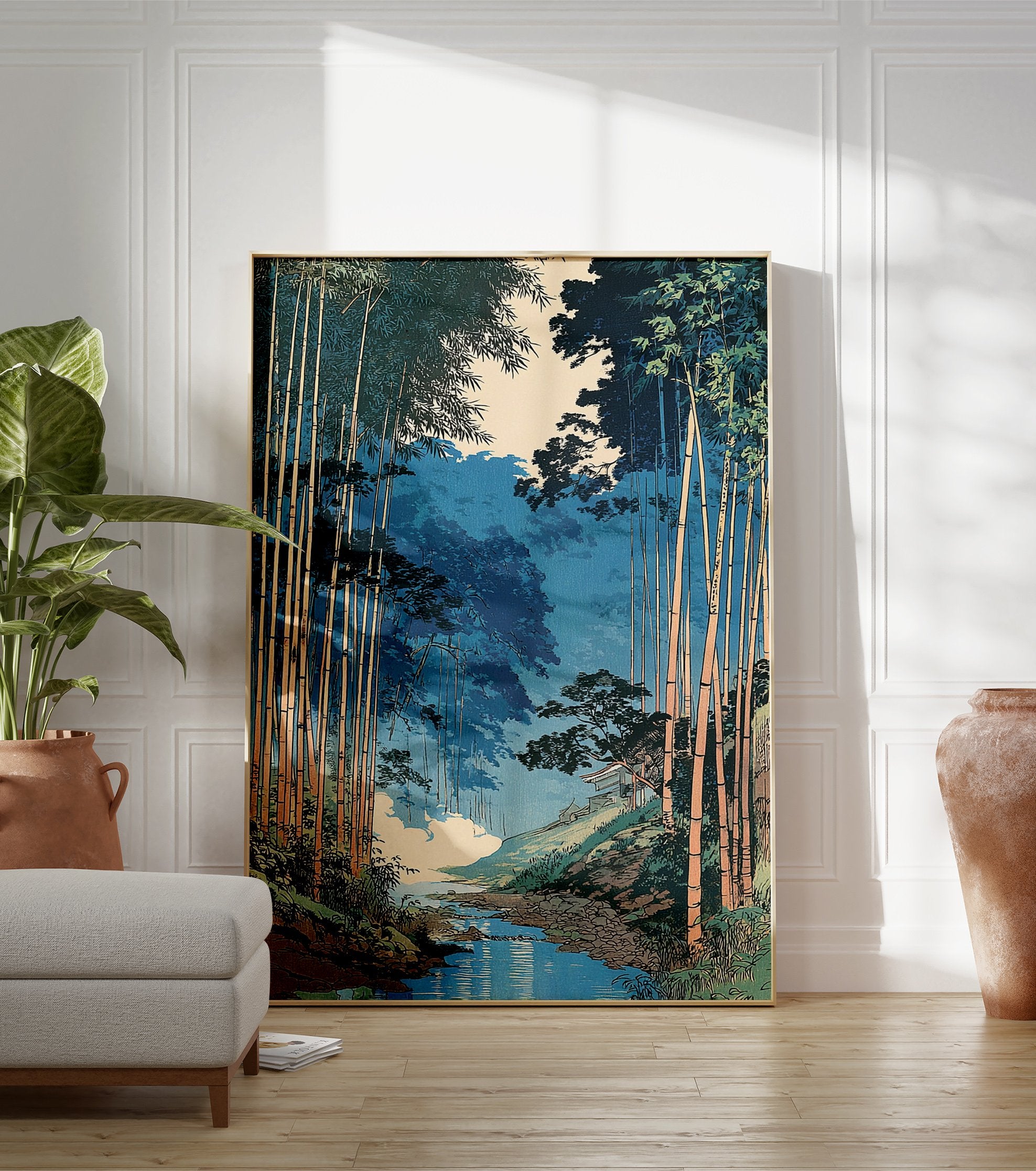 Japanese woodblock style art print of a serene bamboo forest with a river flowing through it, featuring blue and green tones. - Image 3
