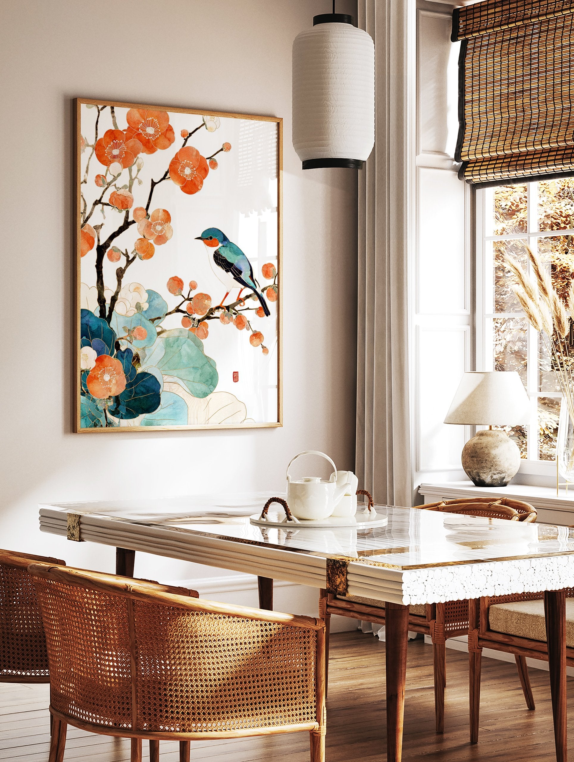Japanese wall art print of a blue and orange bird on a flowering branch with vibrant orange blossoms and teal leaves. - Image 2
