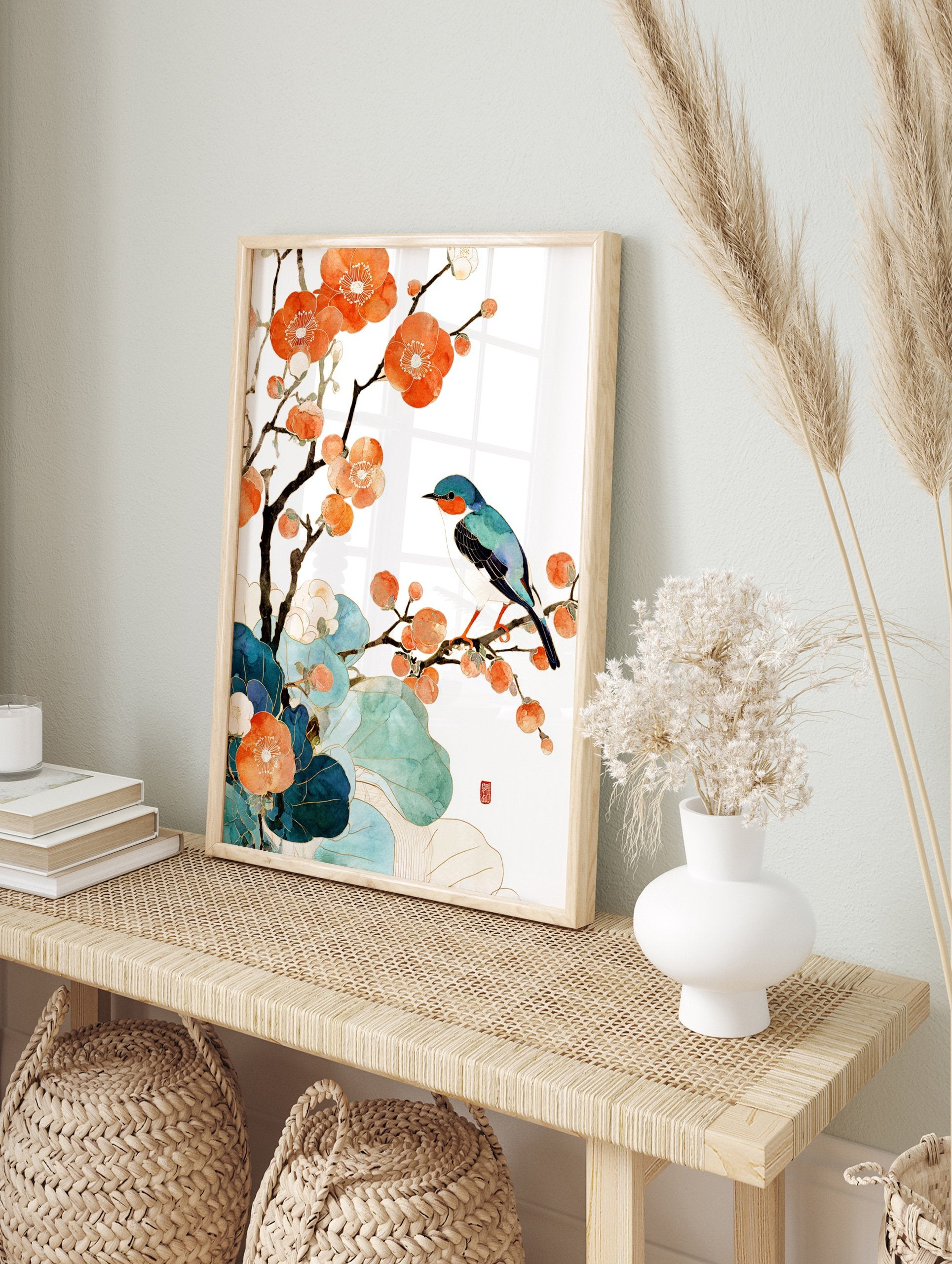 Japanese wall art print of a blue and orange bird on a flowering branch with vibrant orange blossoms and teal leaves. - Image 3