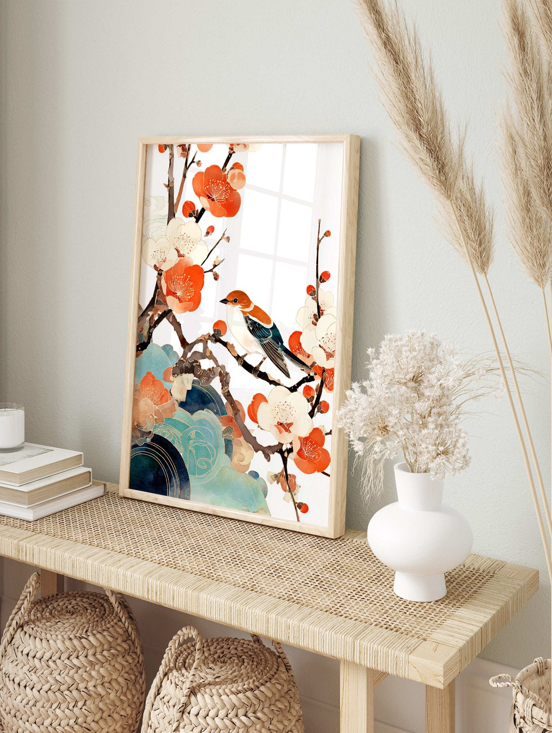 Japanese wall art illustration of a brown and blue bird perched on a branch with orange and white plum blossoms and teal clouds. - Image 3