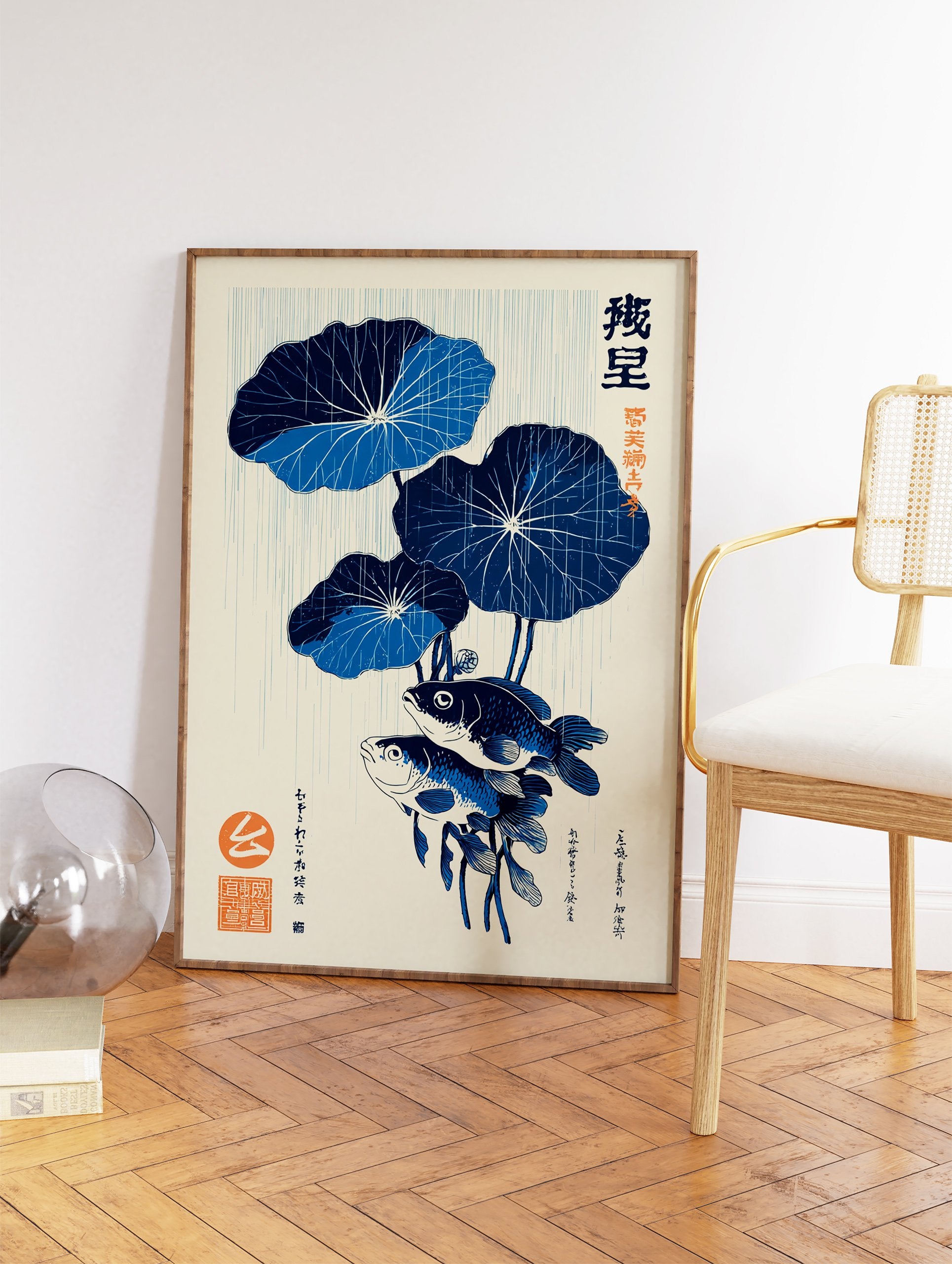 Japanese wall art print featuring two blue fish under large blue lotus leaves with rain lines on a cream background - Image 2