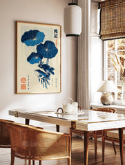 Japanese wall art print featuring two blue fish under large blue lotus leaves with rain lines on a cream background - Image 3