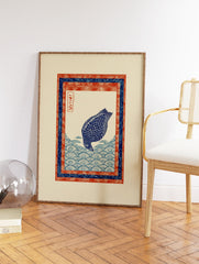 Japanese Ukiyo-e style wall art print featuring a blue fish-like creature diving into blue ocean waves with red and blue borders. - Image 2