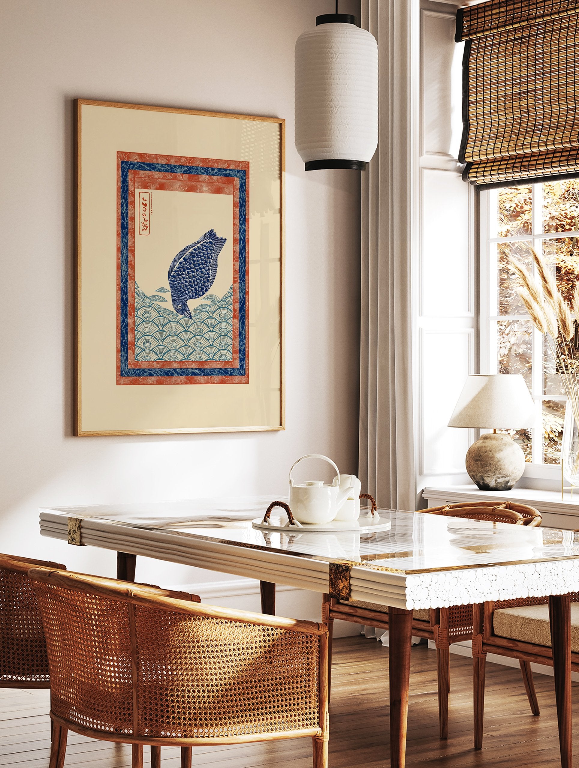 Japanese Ukiyo-e style wall art print featuring a blue fish-like creature diving into blue ocean waves with red and blue borders. - Image 3