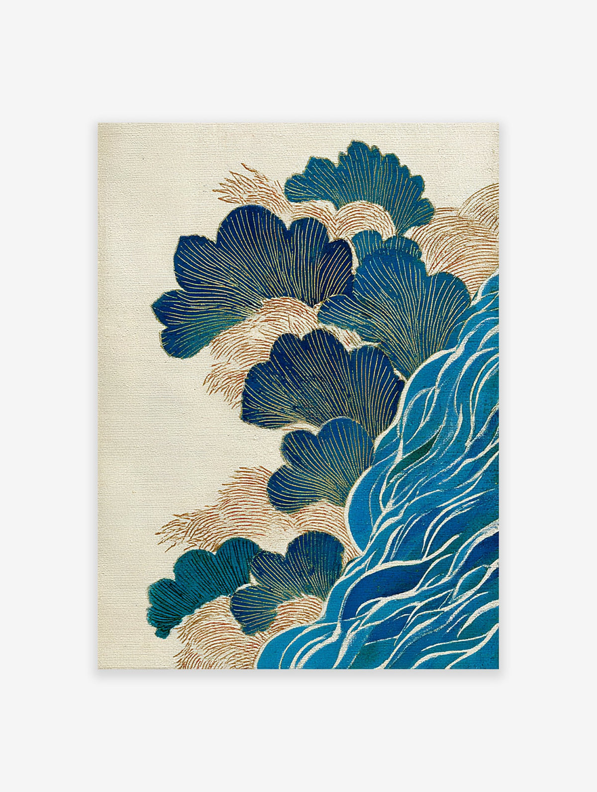 Japanese Wall Art print with stylized blue and gold waves and leaf-like patterns on a textured cream background.