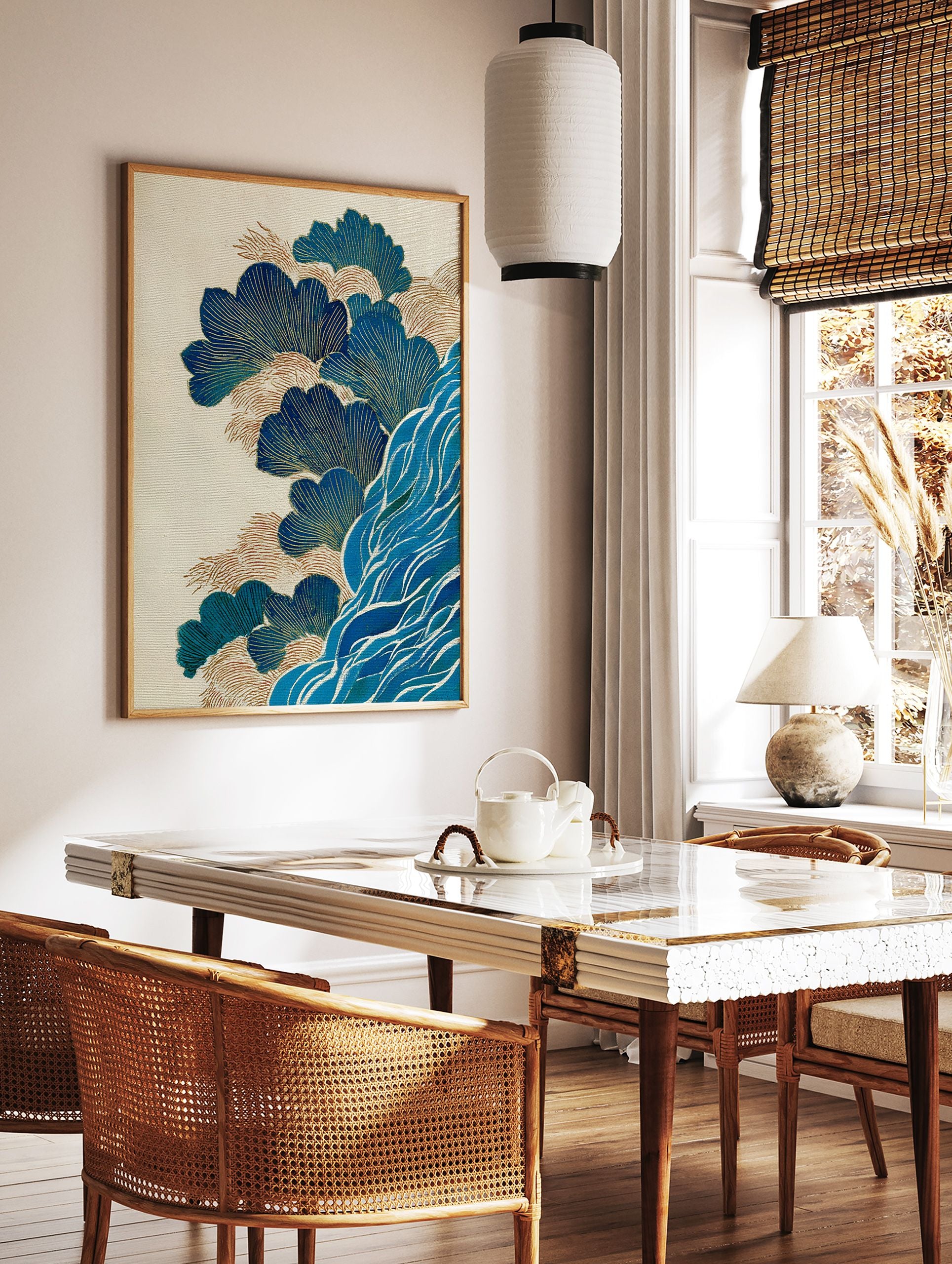 Japanese Wall Art print with stylized blue and gold waves and leaf-like patterns on a textured cream background. - Image 2