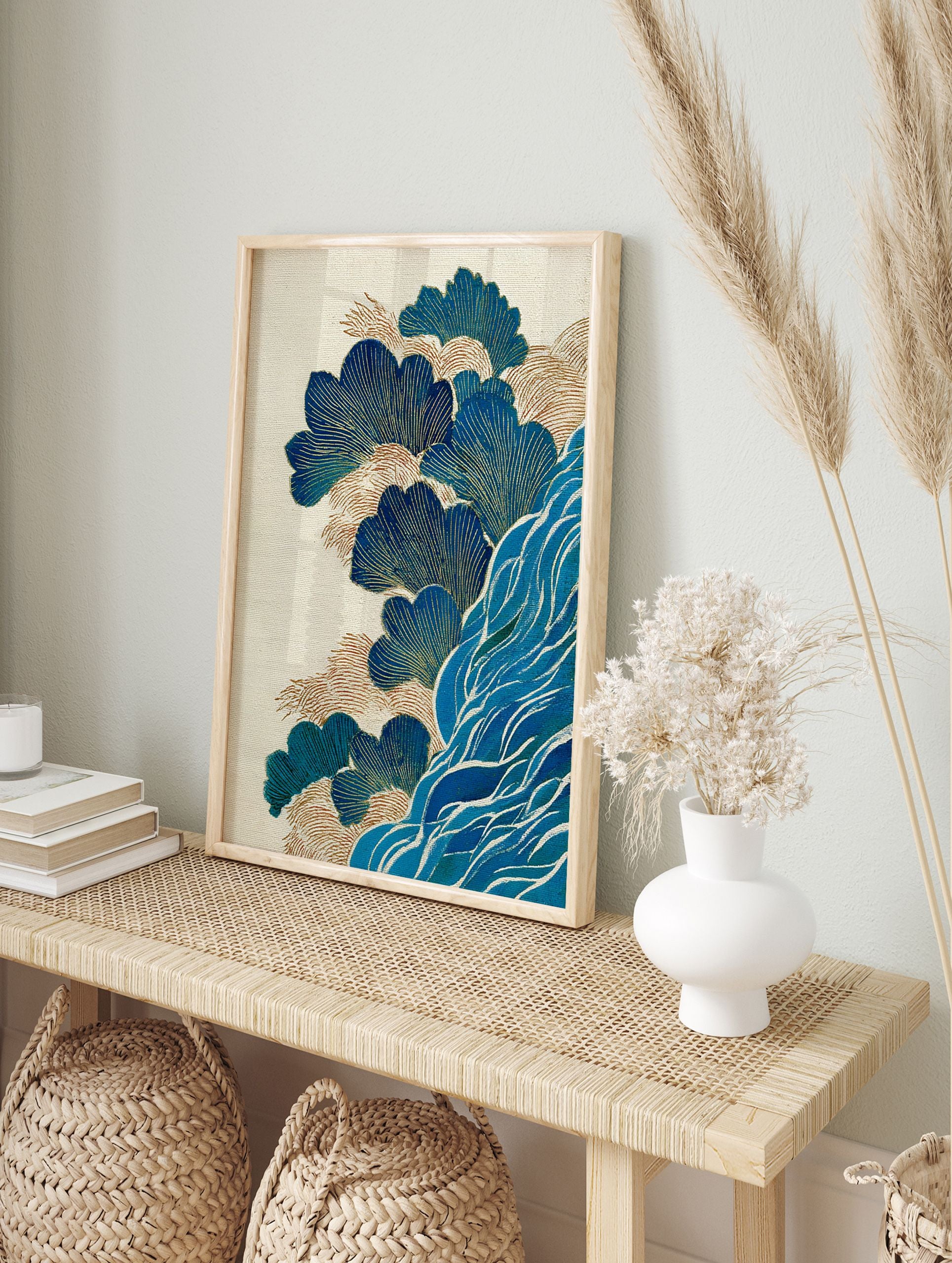 Japanese Wall Art print with stylized blue and gold waves and leaf-like patterns on a textured cream background. - Image 3