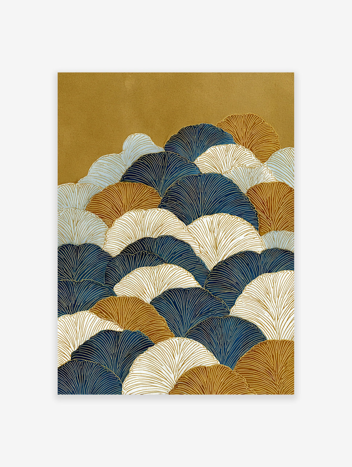 Japanese wall art print with overlapping blue, gold, and white ginkgo leaf patterns on a gold textured background.