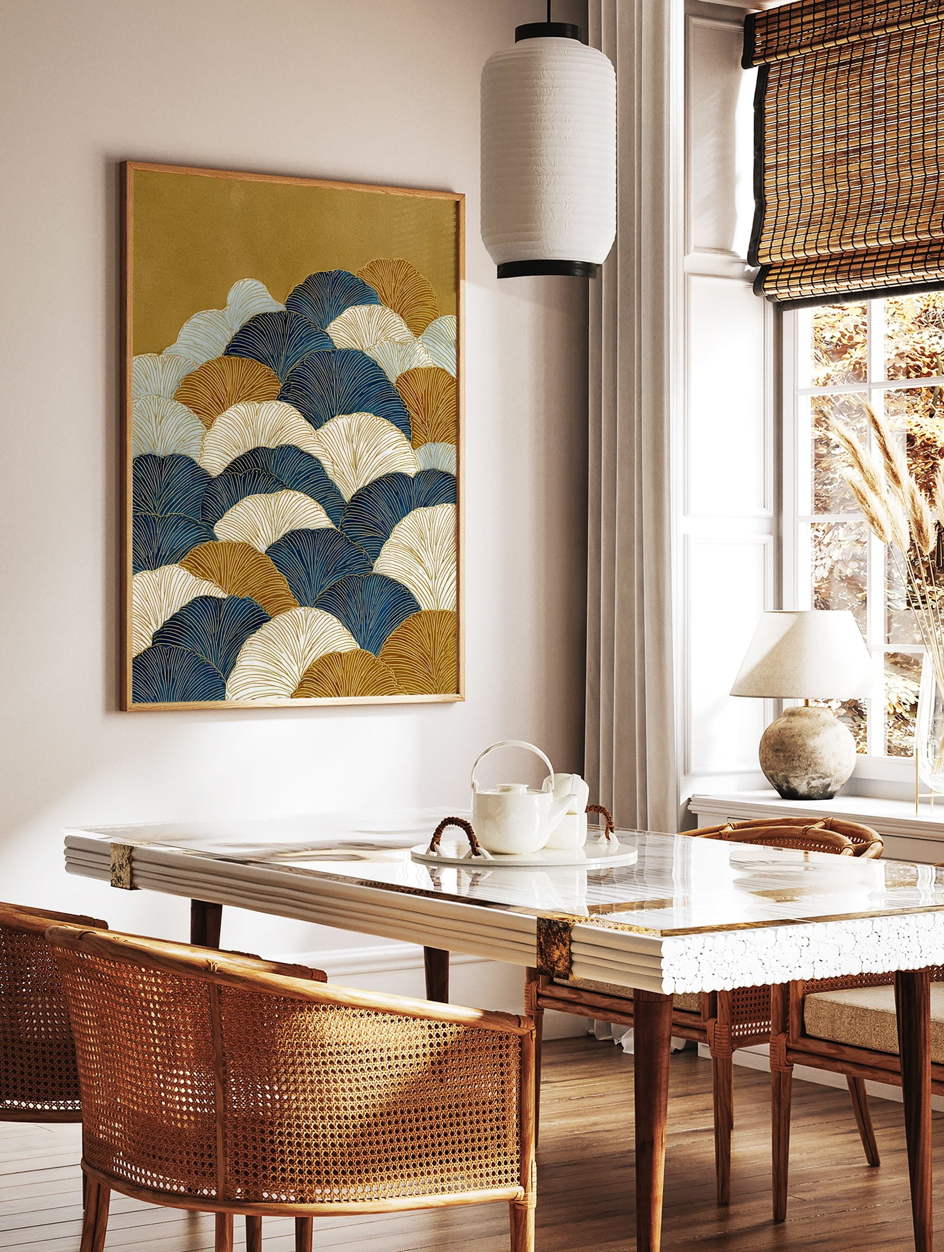 Japanese wall art print with overlapping blue, gold, and white ginkgo leaf patterns on a gold textured background. - Image 2