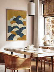 Japanese wall art print with overlapping blue, gold, and white ginkgo leaf patterns on a gold textured background. - Image 2