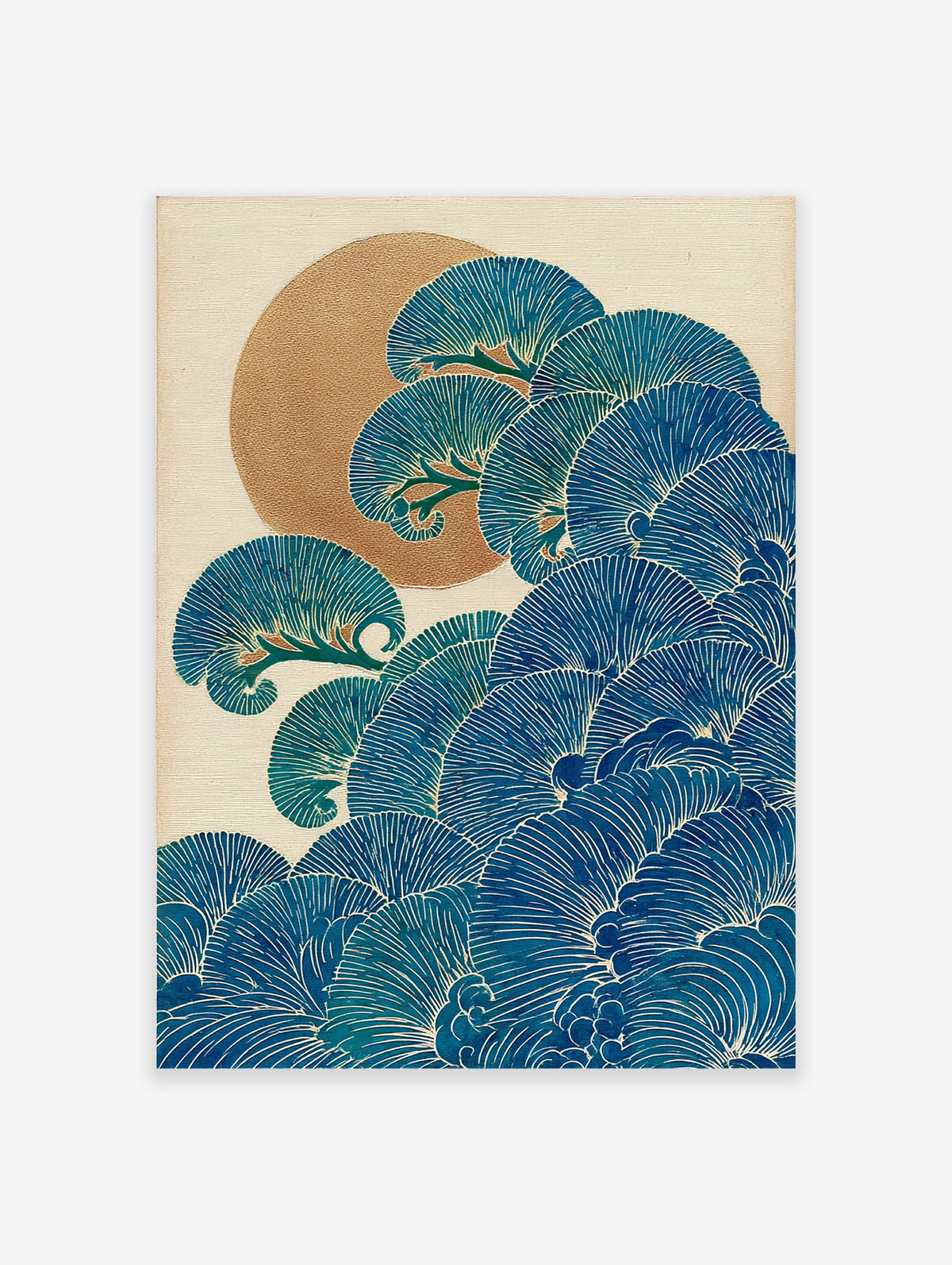 Traditional Japanese wall art print with stylized blue waves or pine branches, white outlines, and a golden sun on a cream background.