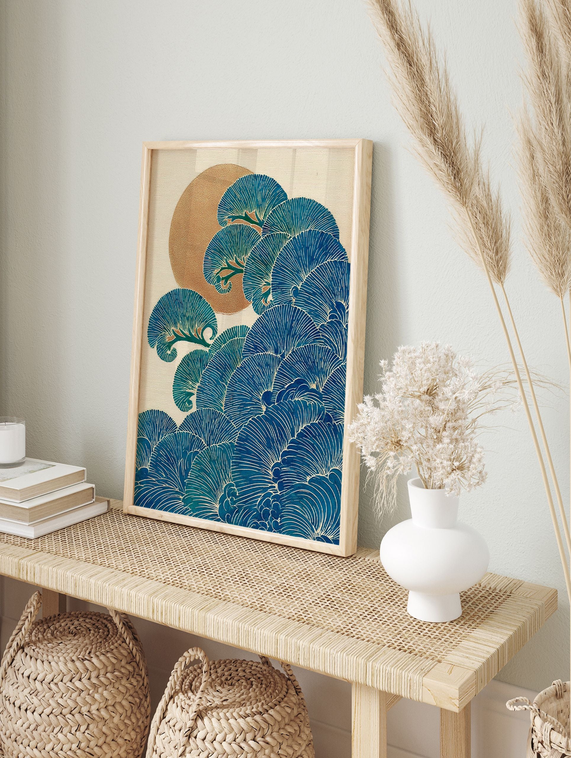 Traditional Japanese wall art print with stylized blue waves or pine branches, white outlines, and a golden sun on a cream background. - Image 3