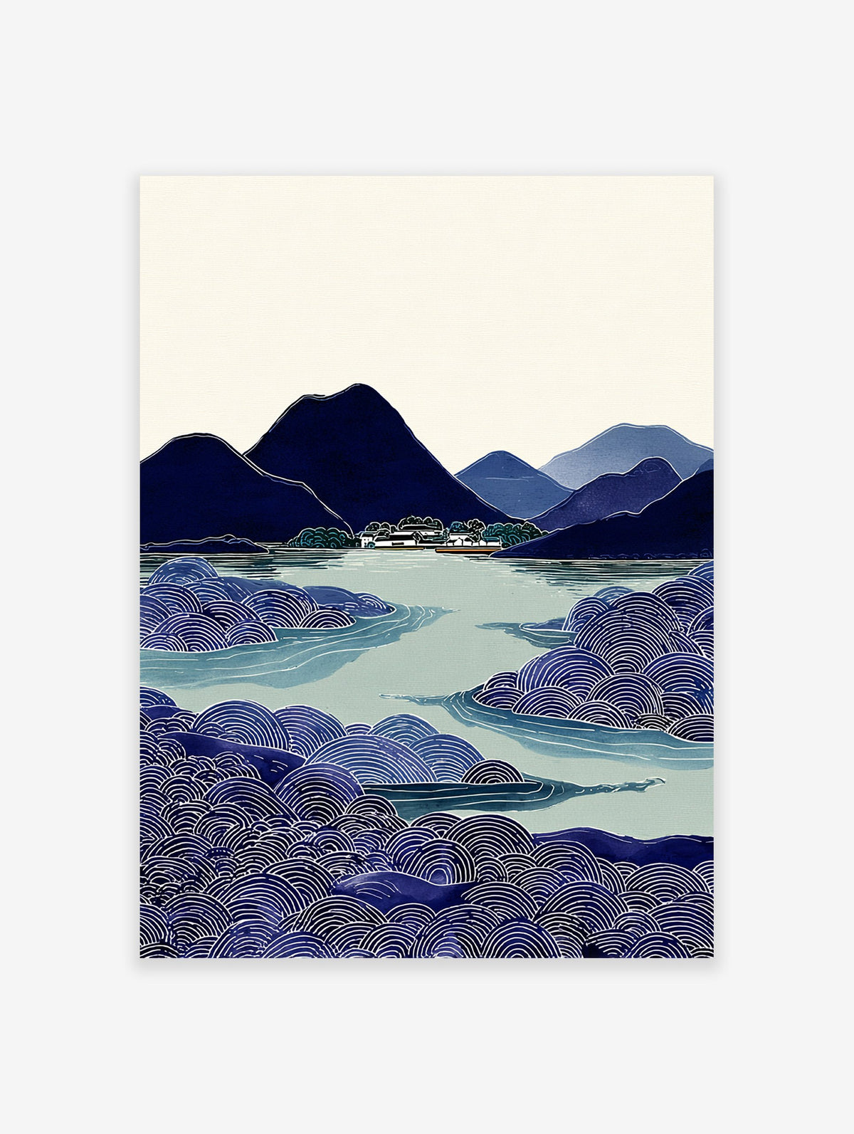 Japanese landscape wall art print with blue mountains, village by a lake, and foreground of stylized blue waves.