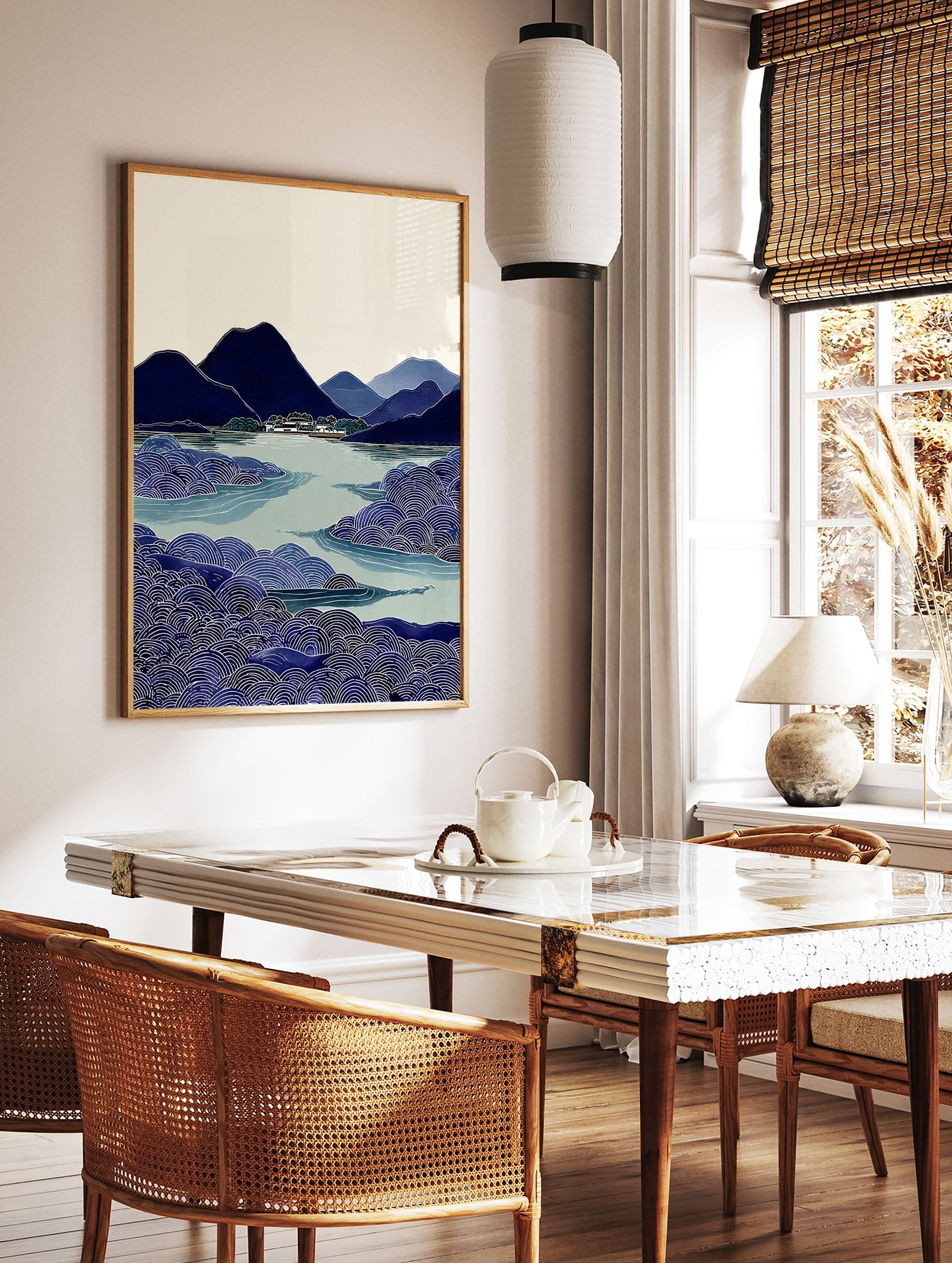 Japanese landscape wall art print with blue mountains, village by a lake, and foreground of stylized blue waves. - Image 2