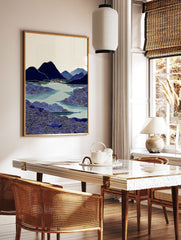 Japanese landscape wall art print with blue mountains, village by a lake, and foreground of stylized blue waves. - Image 2
