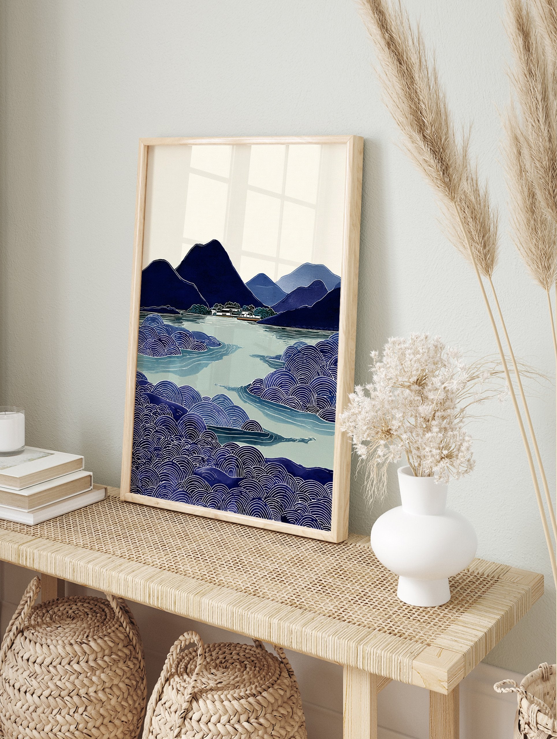 Japanese landscape wall art print with blue mountains, village by a lake, and foreground of stylized blue waves. - Image 3