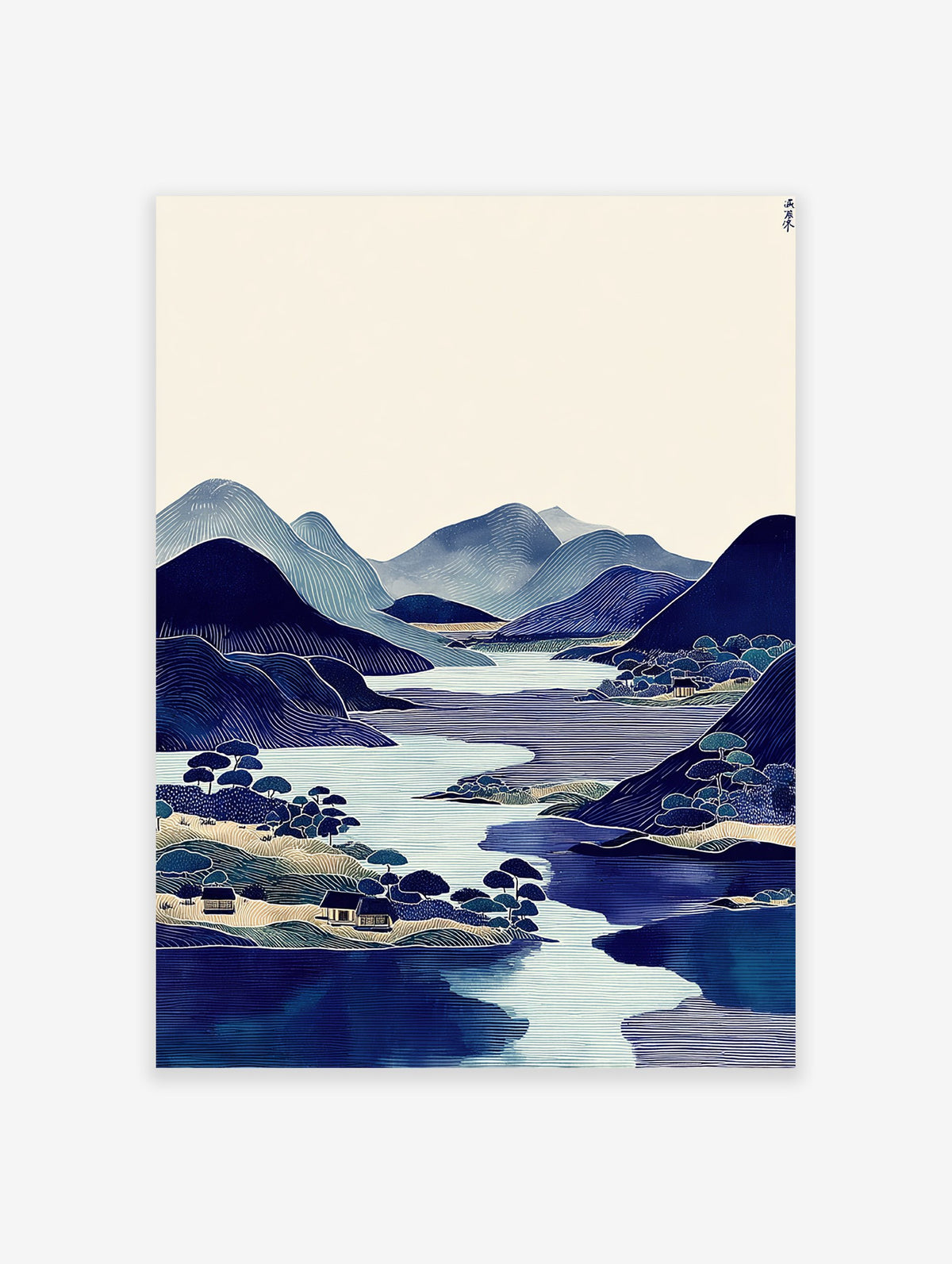 Japanese Ukiyo-e style wall art print featuring blue mountains, a calm lake, and small houses amidst trees.
