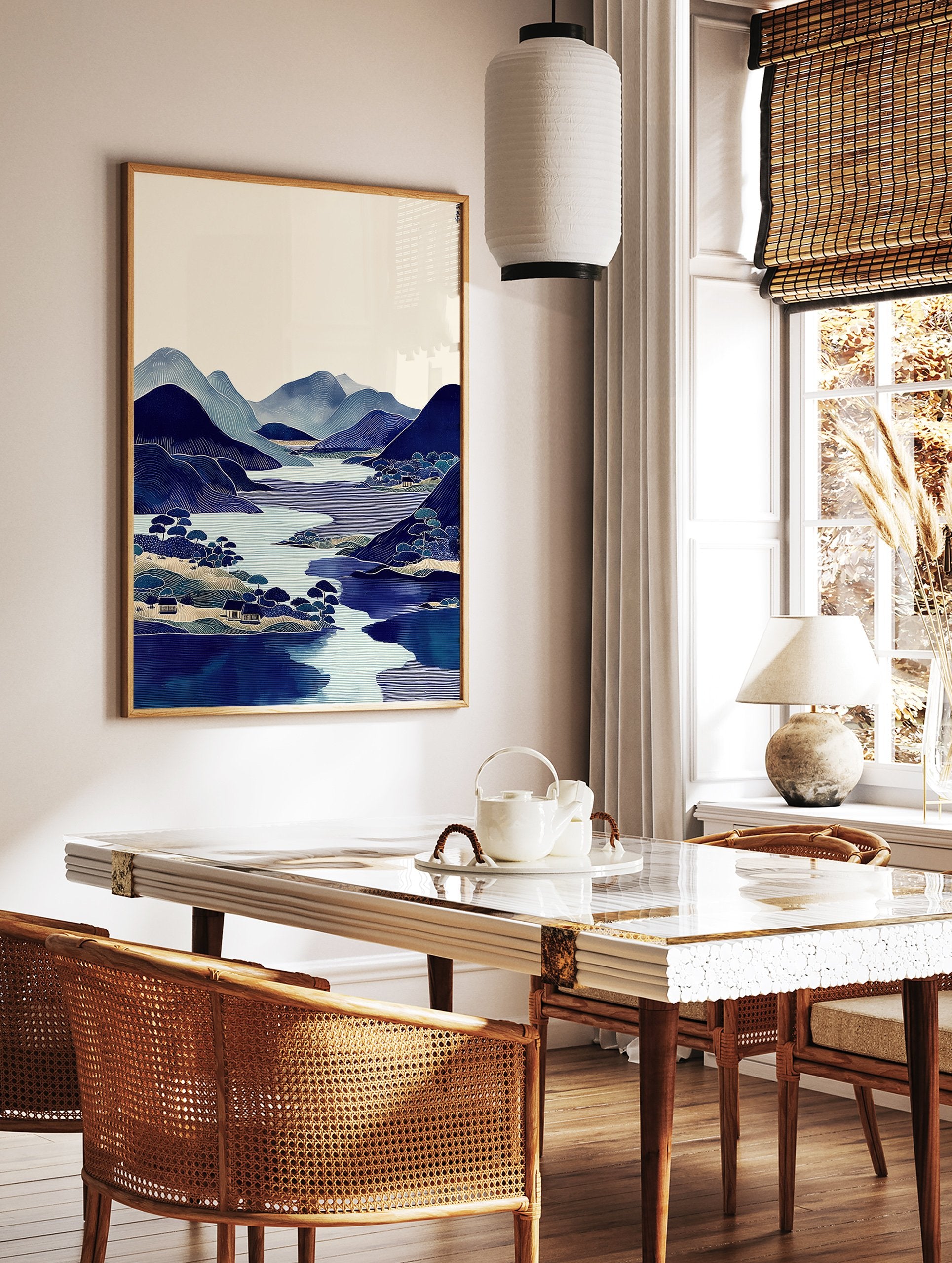 Japanese Ukiyo-e style wall art print featuring blue mountains, a calm lake, and small houses amidst trees. - Image 2