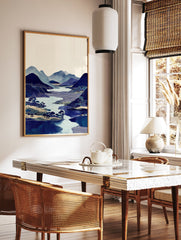 Japanese Ukiyo-e style wall art print featuring blue mountains, a calm lake, and small houses amidst trees. - Image 2