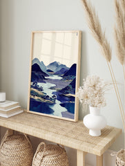 Japanese Ukiyo-e style wall art print featuring blue mountains, a calm lake, and small houses amidst trees. - Image 3