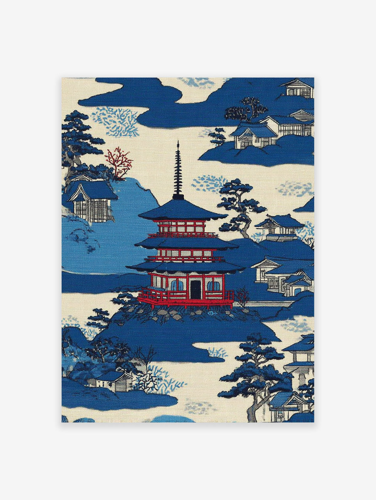 Japanese Wall Art print of a blue pagoda, traditional houses, and trees in a serene mountain landscape.