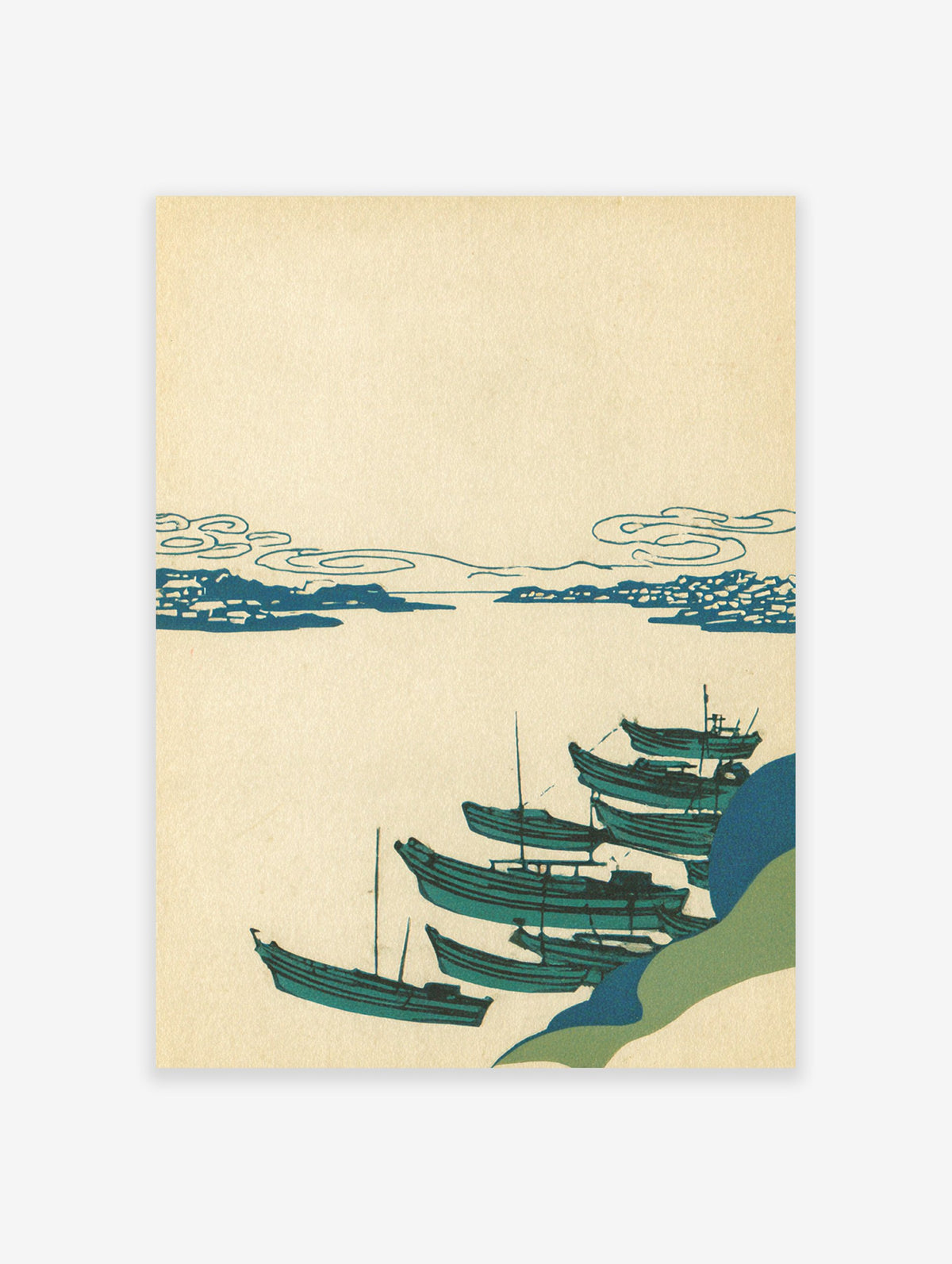Japanese woodblock print of traditional boats on water with a distant coastline and stylized clouds in blue and green.