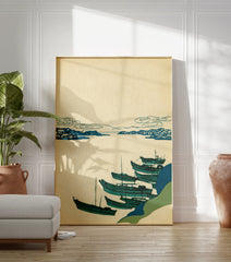 Japanese woodblock print of traditional boats on water with a distant coastline and stylized clouds in blue and green. - Image 3