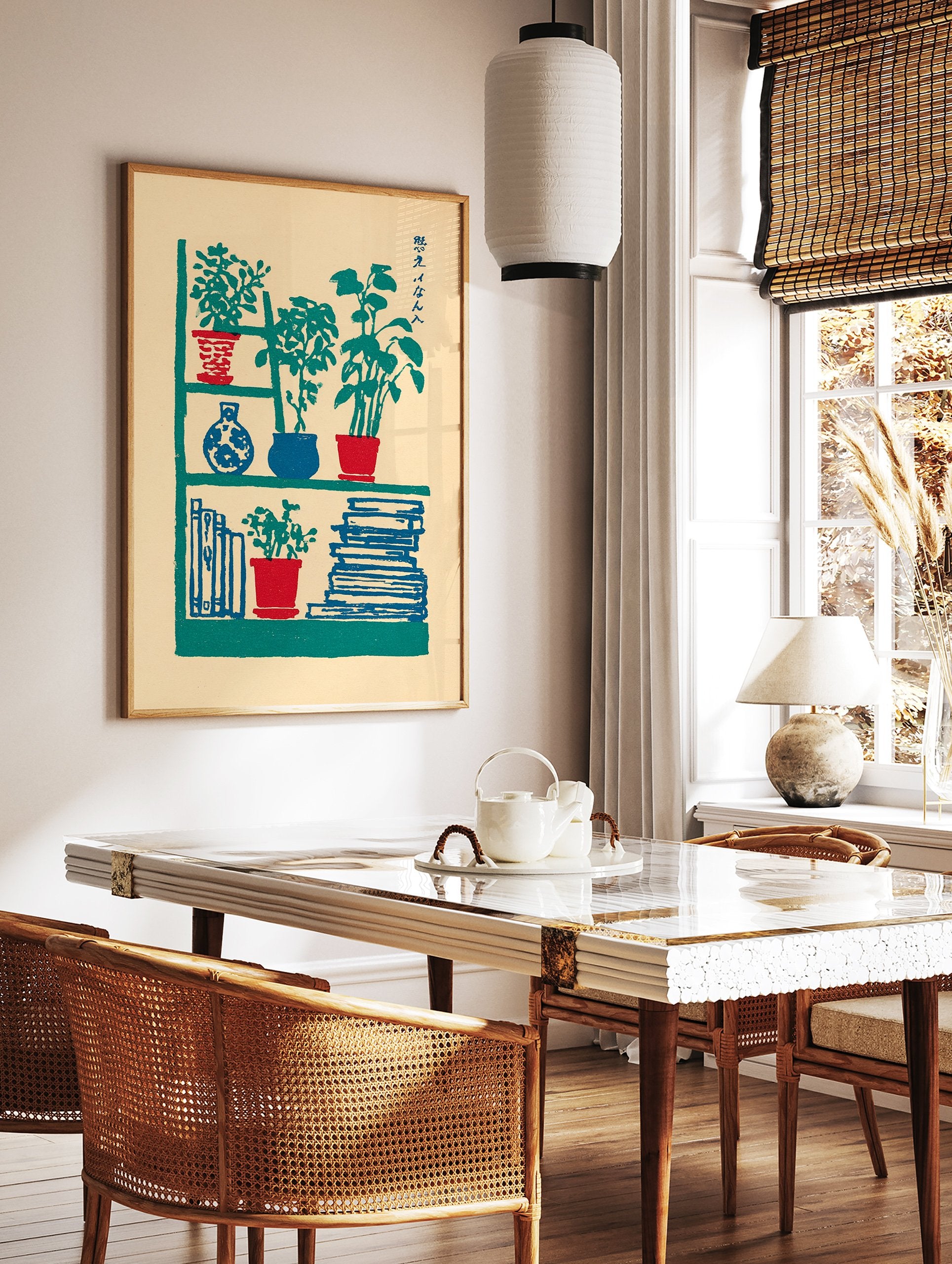Japanese botanical print of a bookshelf with green potted plants in red and blue pots, blue books, and a blue vase. - Image 2