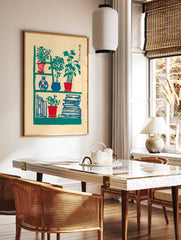 Japanese botanical print of a bookshelf with green potted plants in red and blue pots, blue books, and a blue vase. - Image 2