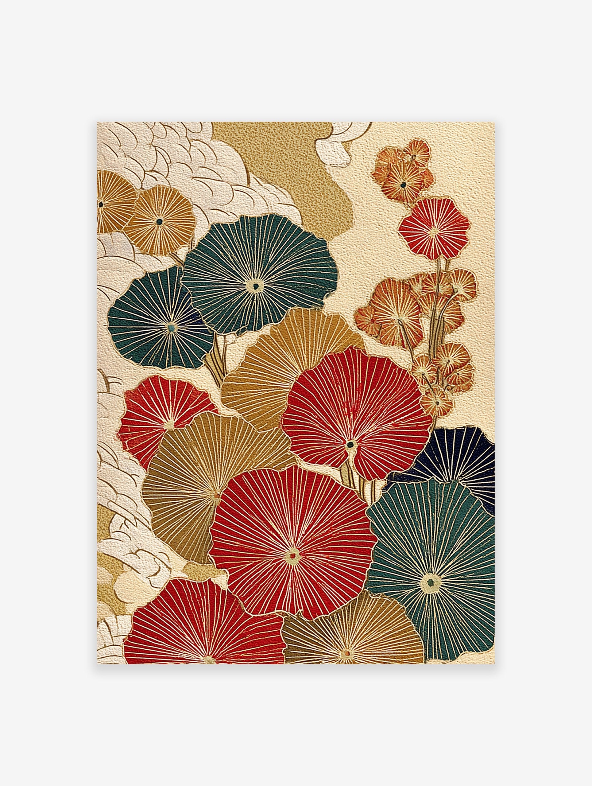 Japanese botanical wall art print with red, gold, and green fan-like leaves or flowers on a textured cream background.