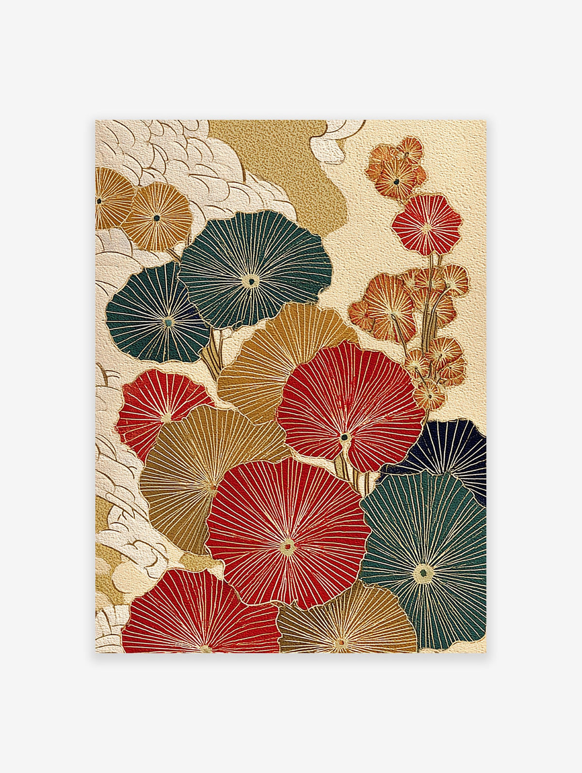 Japanese botanical wall art print with red, gold, and green fan-like leaves or flowers on a textured cream background.