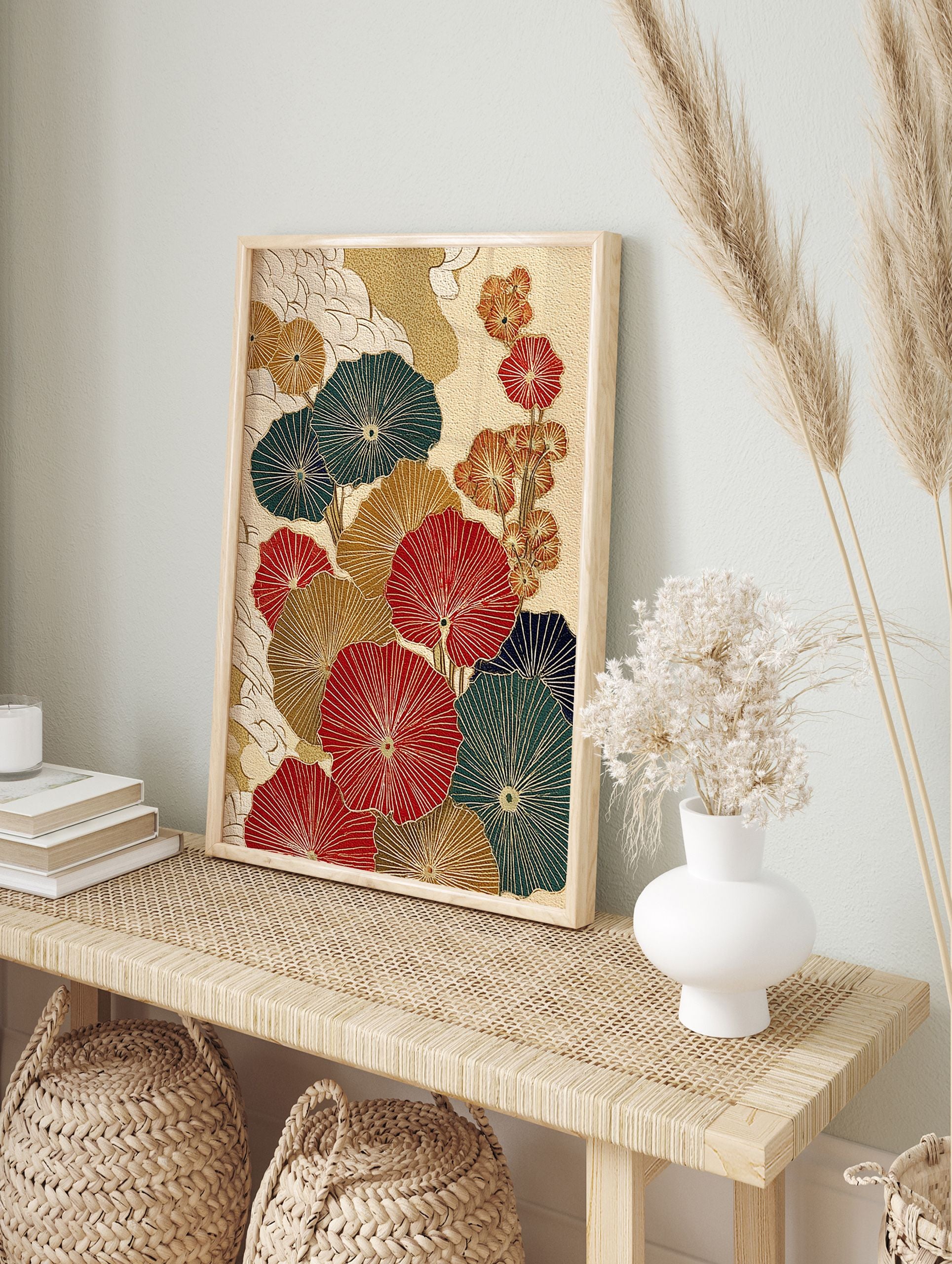 Japanese botanical wall art print with red, gold, and green fan-like leaves or flowers on a textured cream background. - Image 3