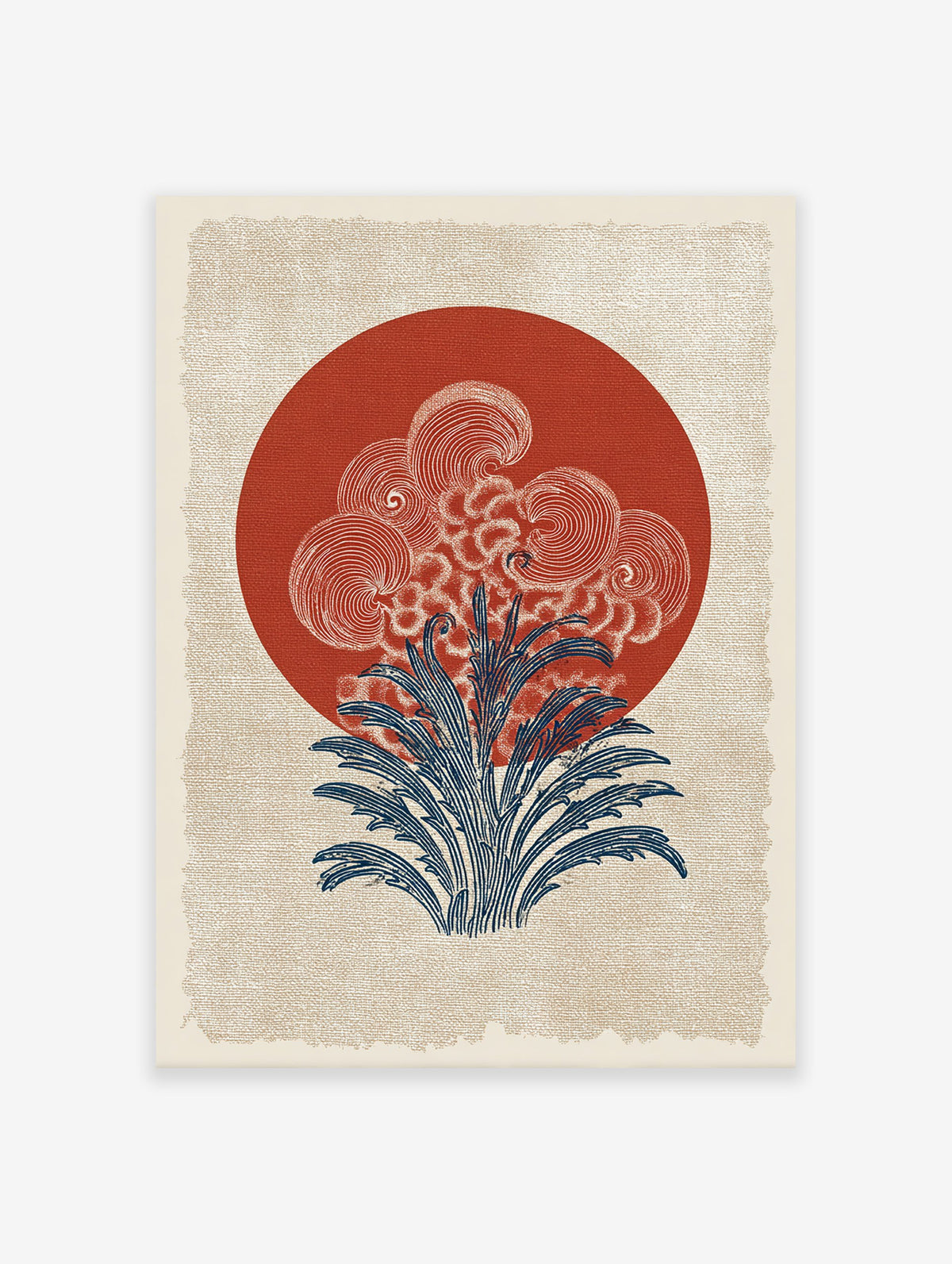 Japanese wall art print featuring a red sun, stylized white clouds, and blue botanical foliage on a textured cream background.