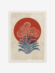 Japanese wall art print featuring a red sun, stylized white clouds, and blue botanical foliage on a textured cream background.