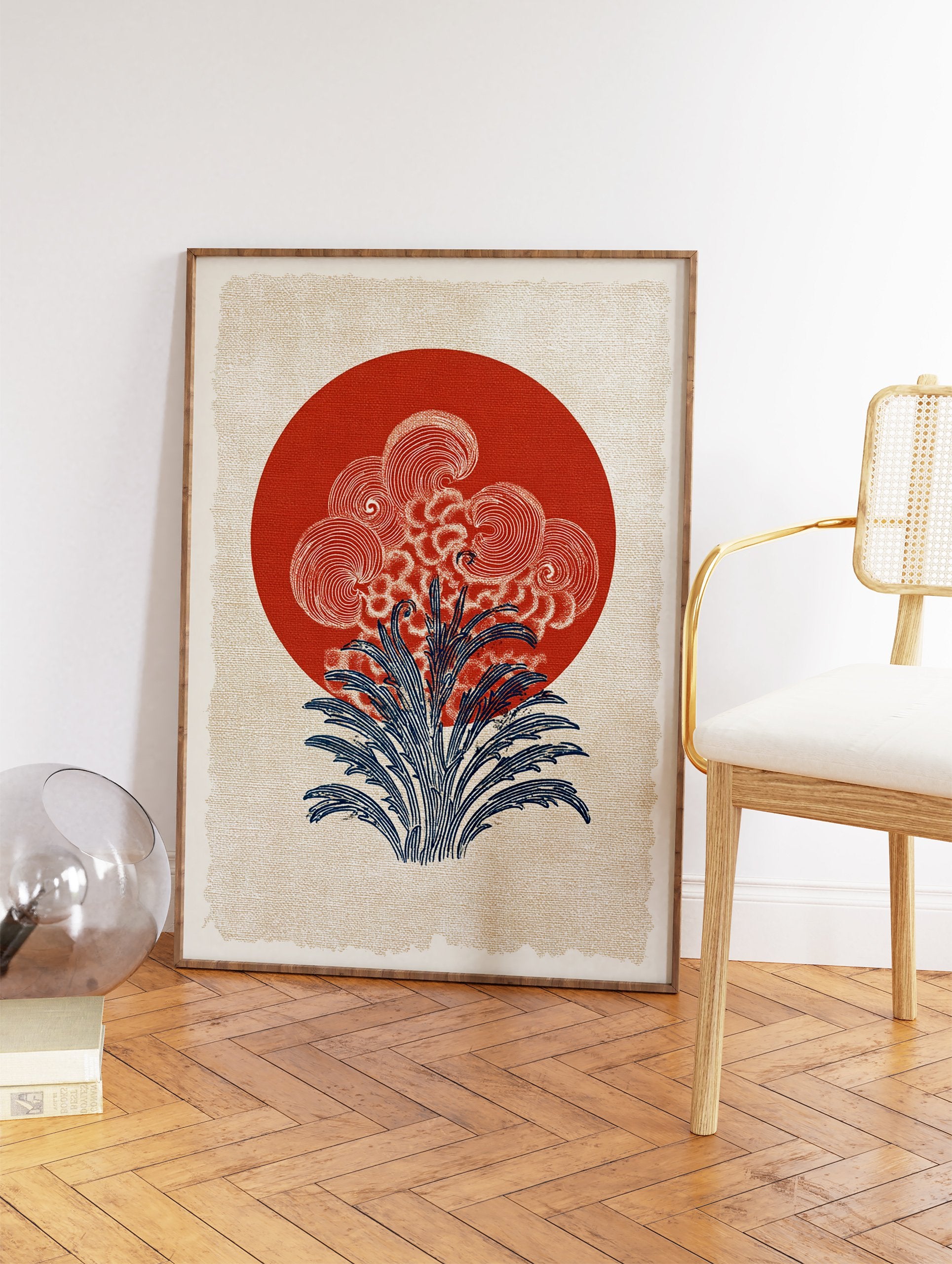 Japanese wall art print featuring a red sun, stylized white clouds, and blue botanical foliage on a textured cream background. - Image 2