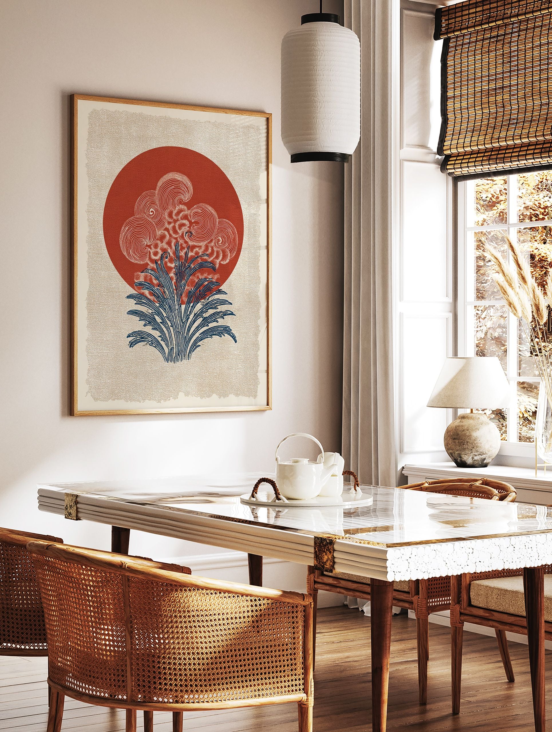 Japanese wall art print featuring a red sun, stylized white clouds, and blue botanical foliage on a textured cream background. - Image 3