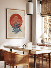 Japanese wall art print featuring a red sun, stylized white clouds, and blue botanical foliage on a textured cream background. - Image 3