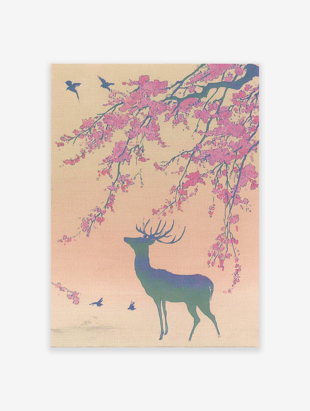 Japanese Wall Art print of a deer under pink cherry blossoms with birds in a serene, Ukiyo-e style.