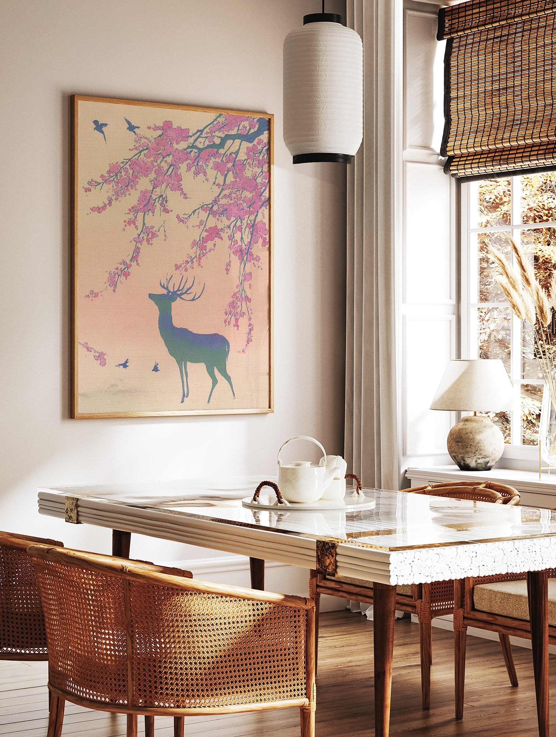 Japanese Wall Art print of a deer under pink cherry blossoms with birds in a serene, Ukiyo-e style. - Image 2
