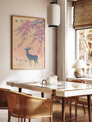 Japanese Wall Art print of a deer under pink cherry blossoms with birds in a serene, Ukiyo-e style. - Image 2