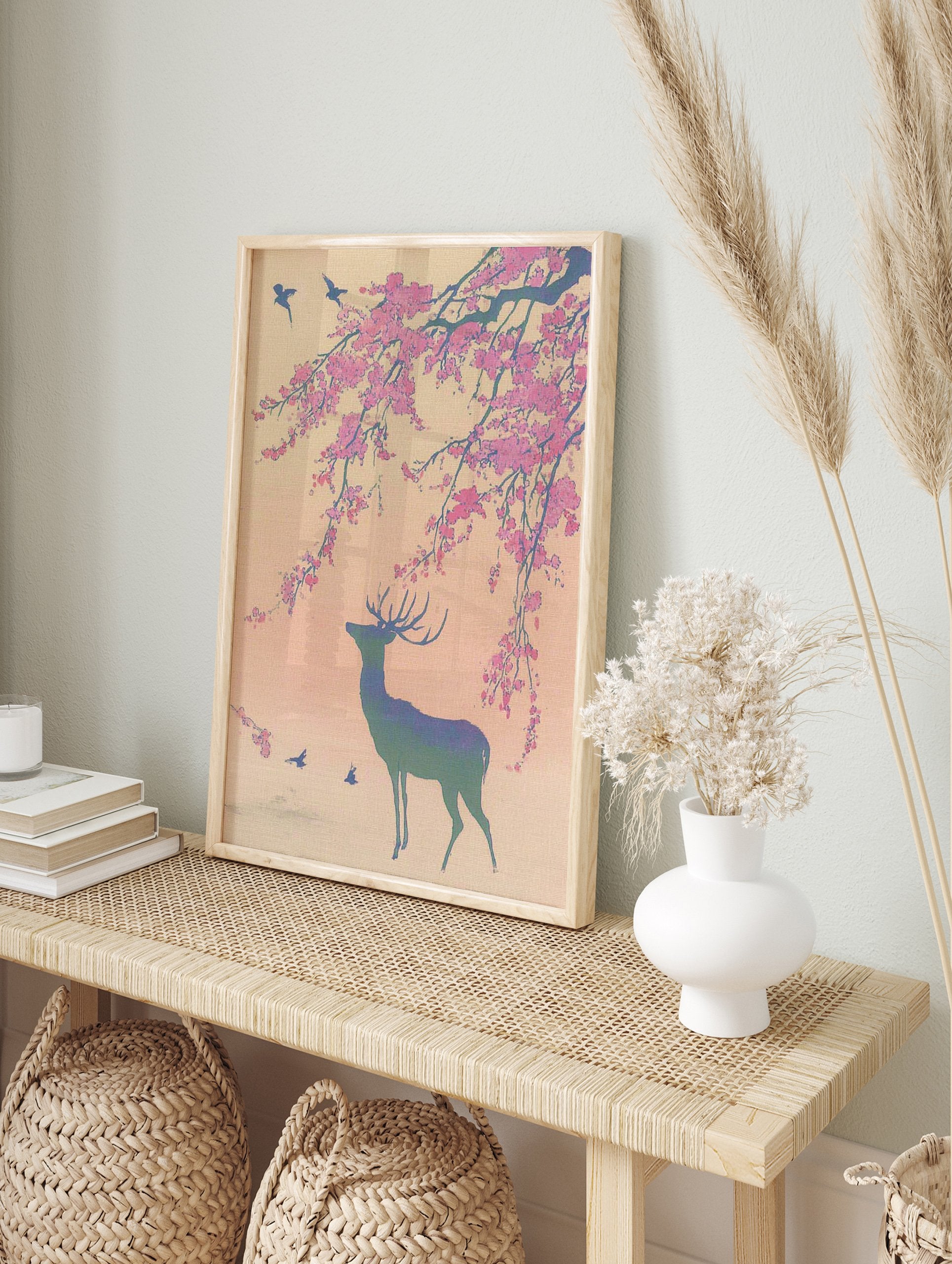 Japanese Wall Art print of a deer under pink cherry blossoms with birds in a serene, Ukiyo-e style. - Image 3