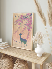 Japanese Wall Art print of a deer under pink cherry blossoms with birds in a serene, Ukiyo-e style. - Image 3
