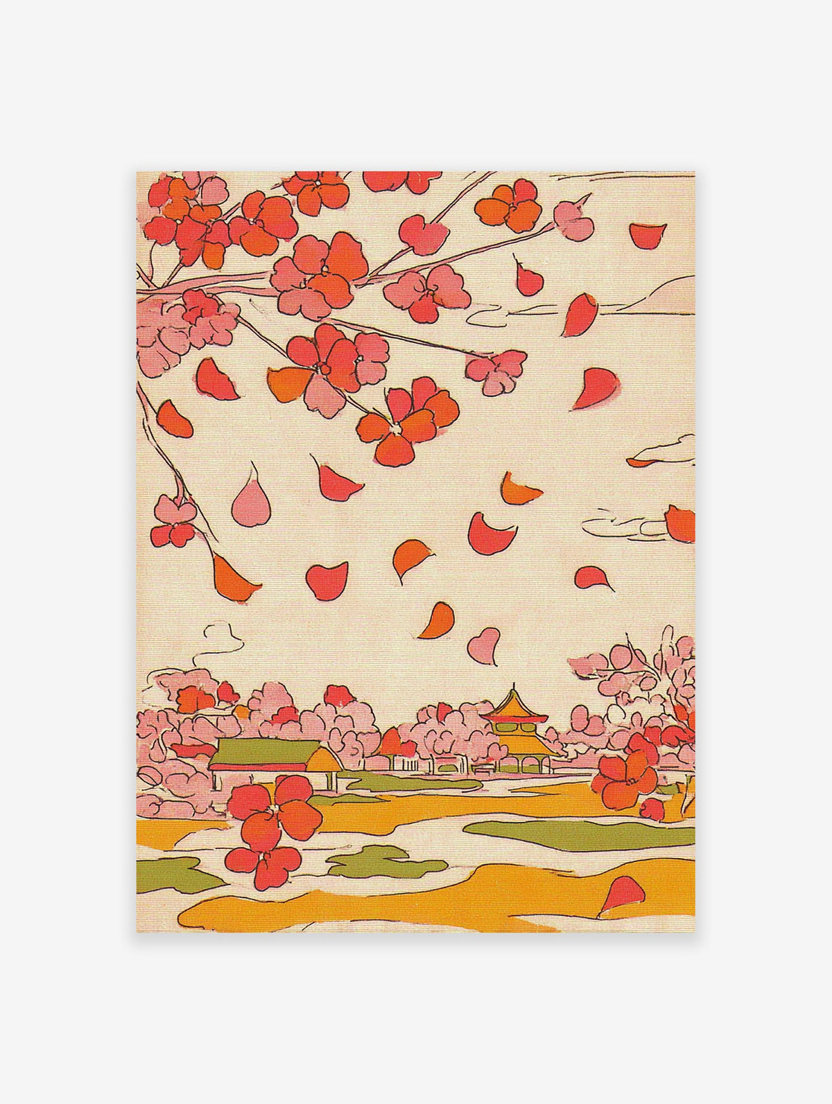 Japanese wall art print with cherry blossom tree, falling pink petals, traditional temple, and serene landscape.