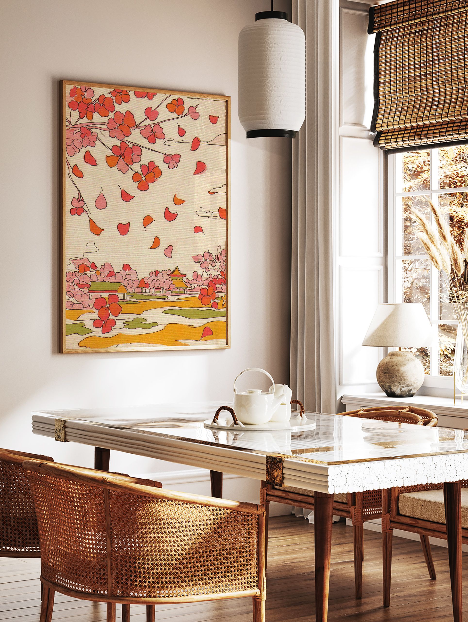Japanese wall art print with cherry blossom tree, falling pink petals, traditional temple, and serene landscape. - Image 2