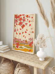 Japanese wall art print with cherry blossom tree, falling pink petals, traditional temple, and serene landscape. - Image 3