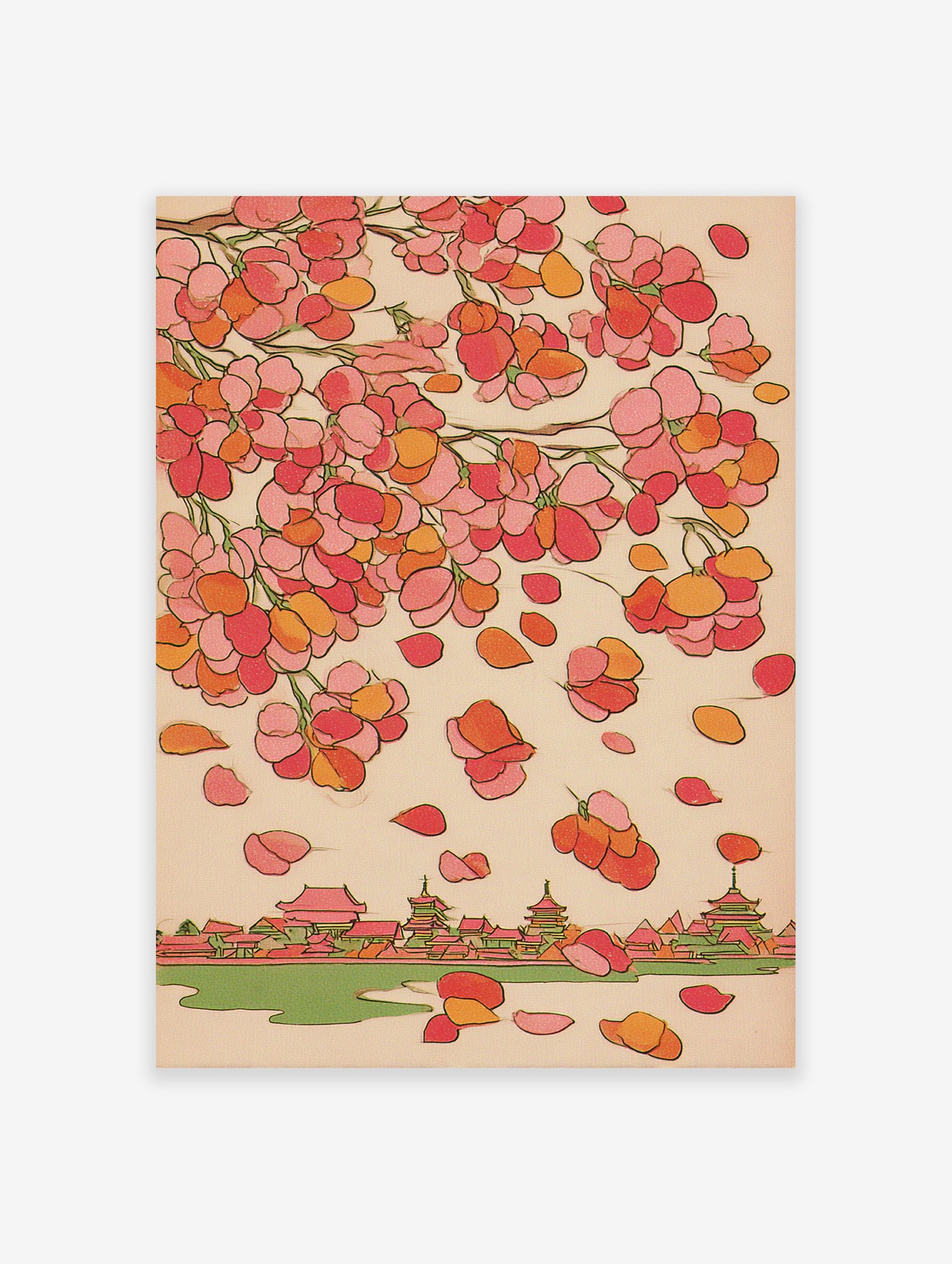 Traditional Japanese wall art featuring pink and orange cherry blossoms falling over a village with temples and a river.