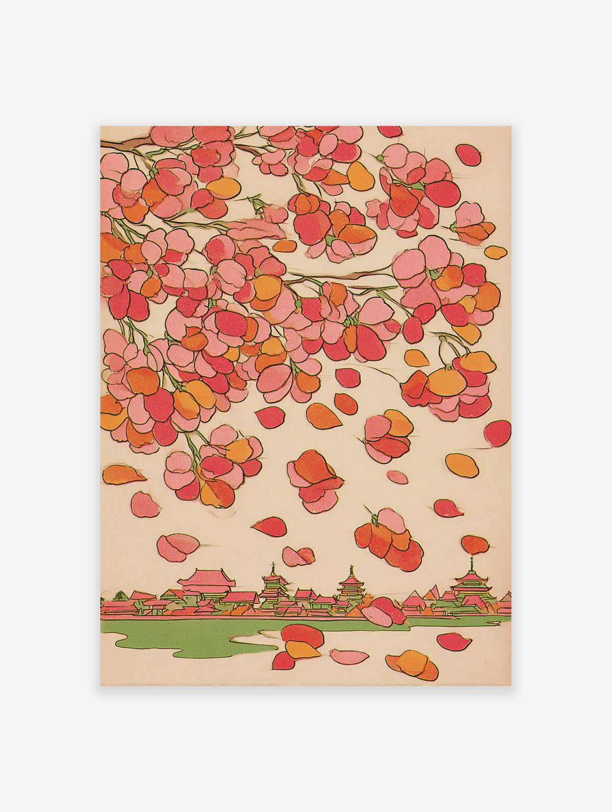 Traditional Japanese wall art featuring pink and orange cherry blossoms falling over a village with temples and a river.