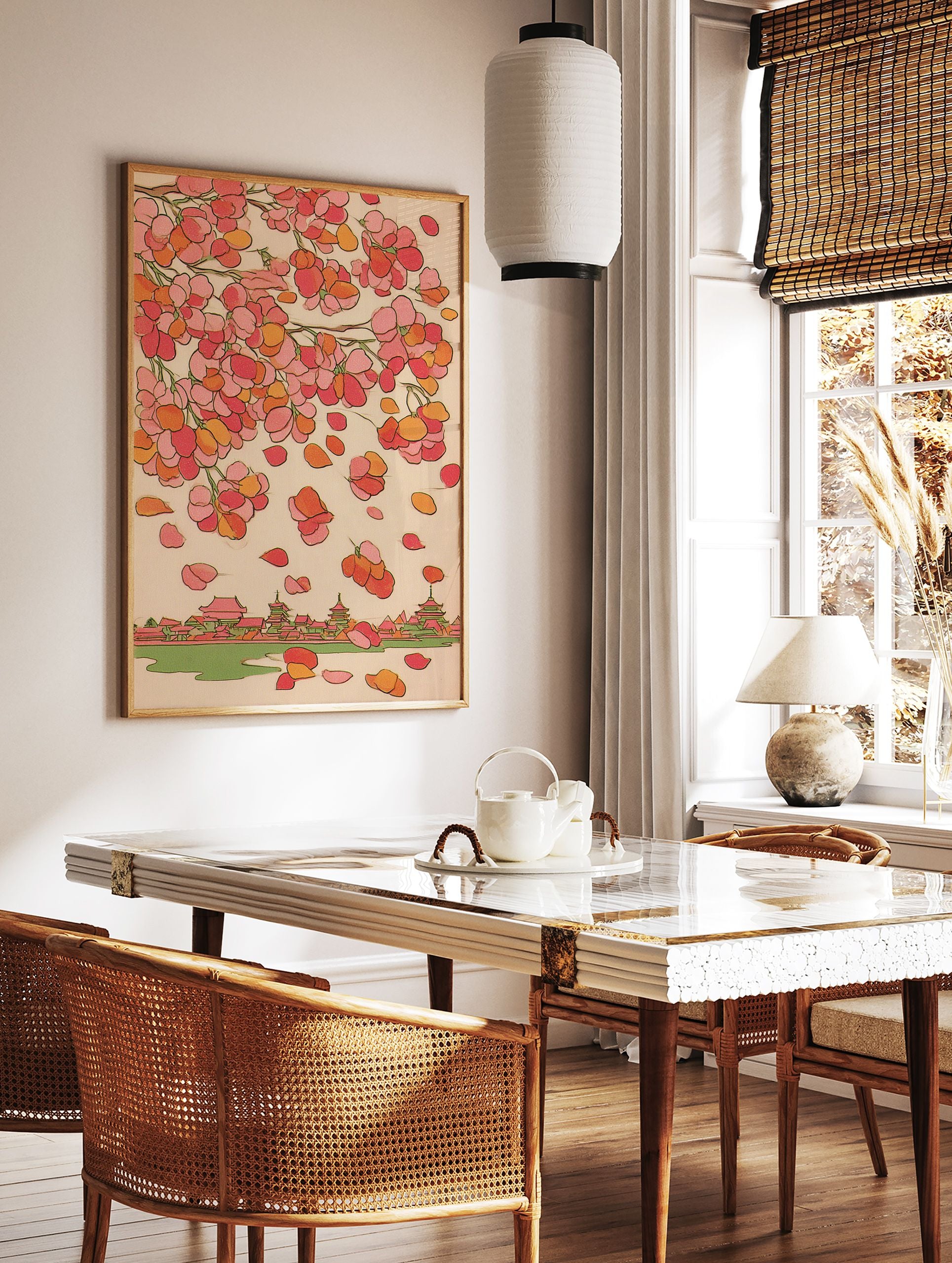 Traditional Japanese wall art featuring pink and orange cherry blossoms falling over a village with temples and a river. - Image 2